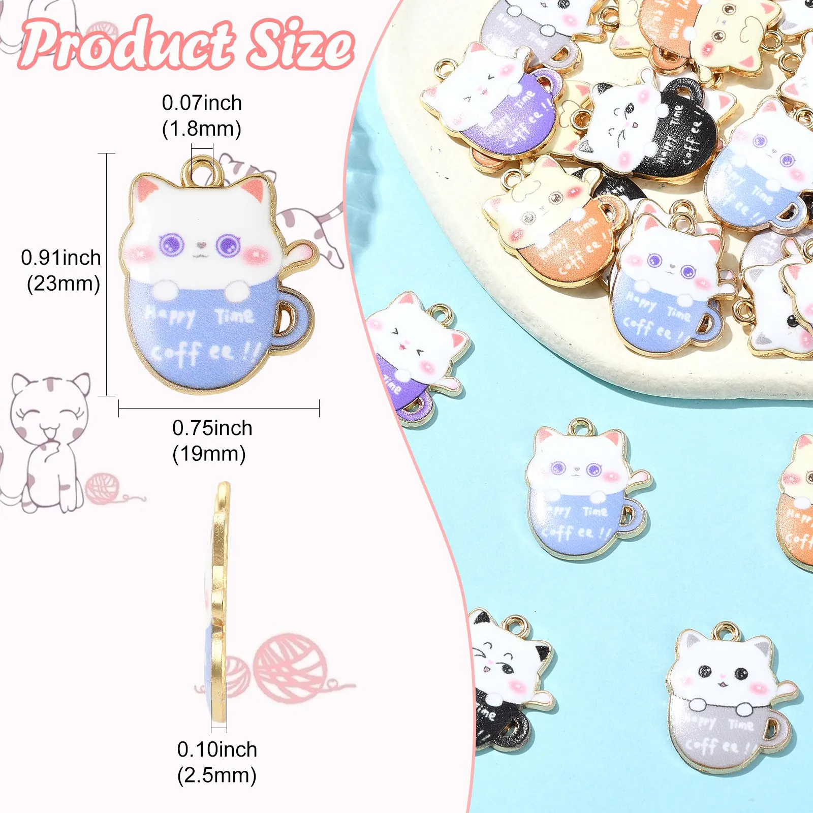 30Pcs 6 Colors Cat with Coffee Cup Enamel Charms Cute Animal Tea Cup Charms for Jewelry Making