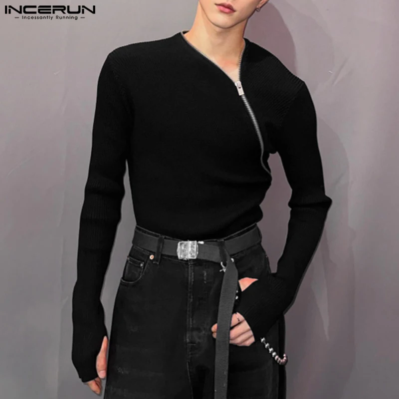 INCERUN Men\'s T Shirt Zipper Solid Color Long Sleeve Casual Men Clothing Streetwear 2023 Fitness Korean Fashion Tee Tops S-5XL