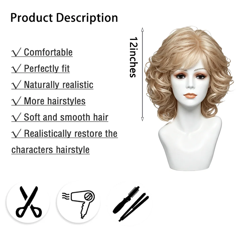 Light Blonde Layered Curly Wigs Women Shoulder Length Fluffy Side Bangs Heat Resistant Synthetic Hair Daily Wear Party Cosplay
