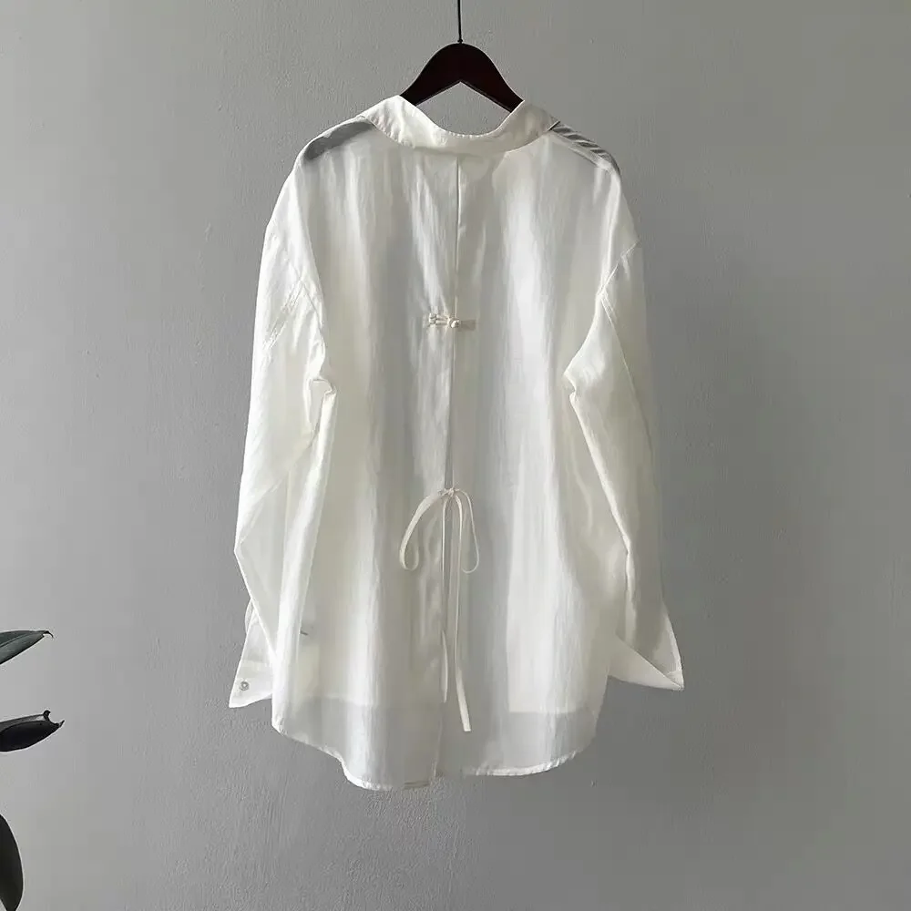 Rug Knoop Ontwerp Zonnebrandcrème Shirts Voor Vrouwen Mode Revers Enkele Rij Knopen Chiffon Blouses 2024 Zomer Nieuw