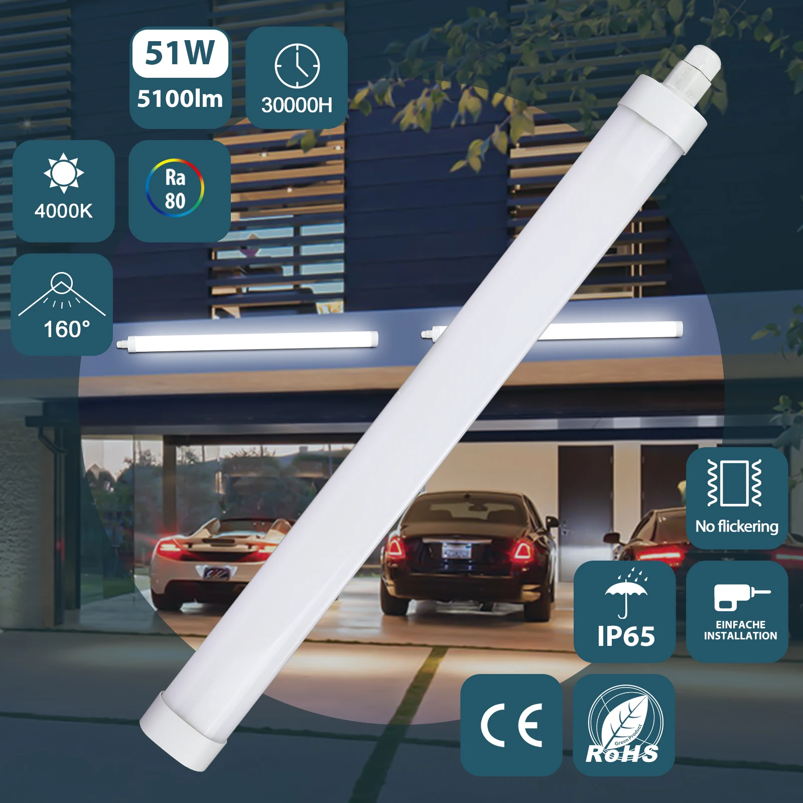LED-Deckenleuchten 150cm 4000K 51W IP65 Energiesparlampe LED Nassraumbeleuchtung für Badezimmer Küche Garage Flur Keller