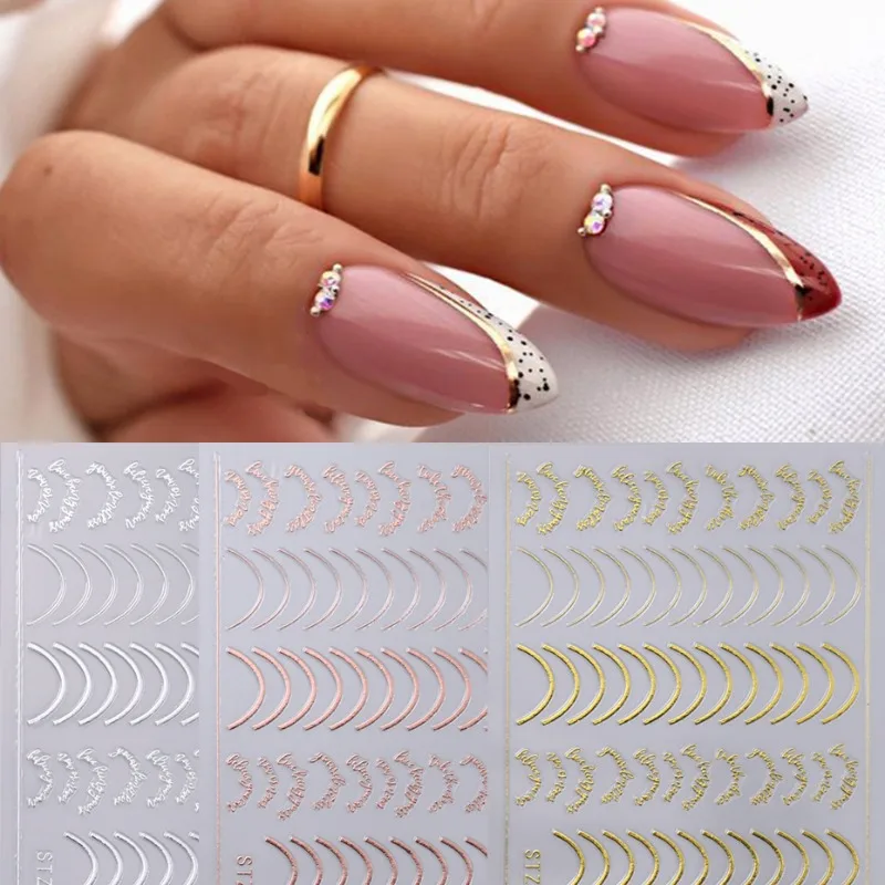 6pcs 3D Striping Tape Line Nail Stickers Rose Gold Metal Letters Decals Curved Strips Nails Art Sliders Manicure Decors