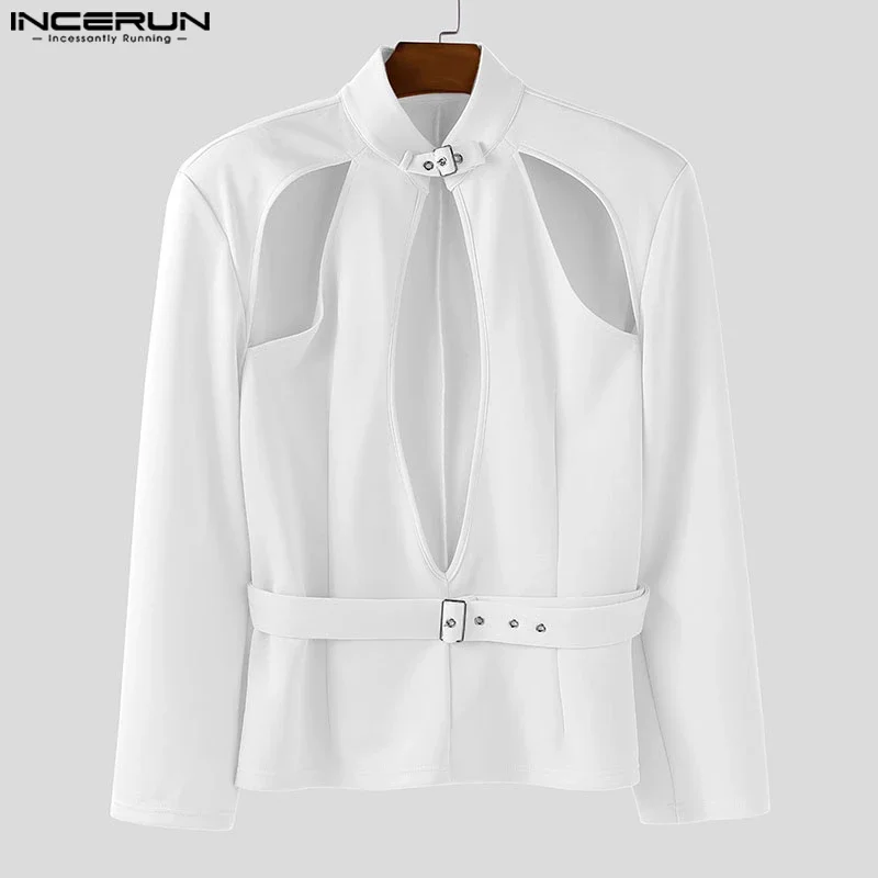 INCERUN Men Blazer Solid Stand Collar Long Sleeve Hollow Out Male Suit Streetwear Personality Fashion Casual Blazer With Belt