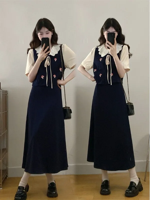 

plus Size Fashionable Embroidered Patchwork Top And Skirt Set Women's Clothing Sweet Style High Waist A-Line Midi Skirt