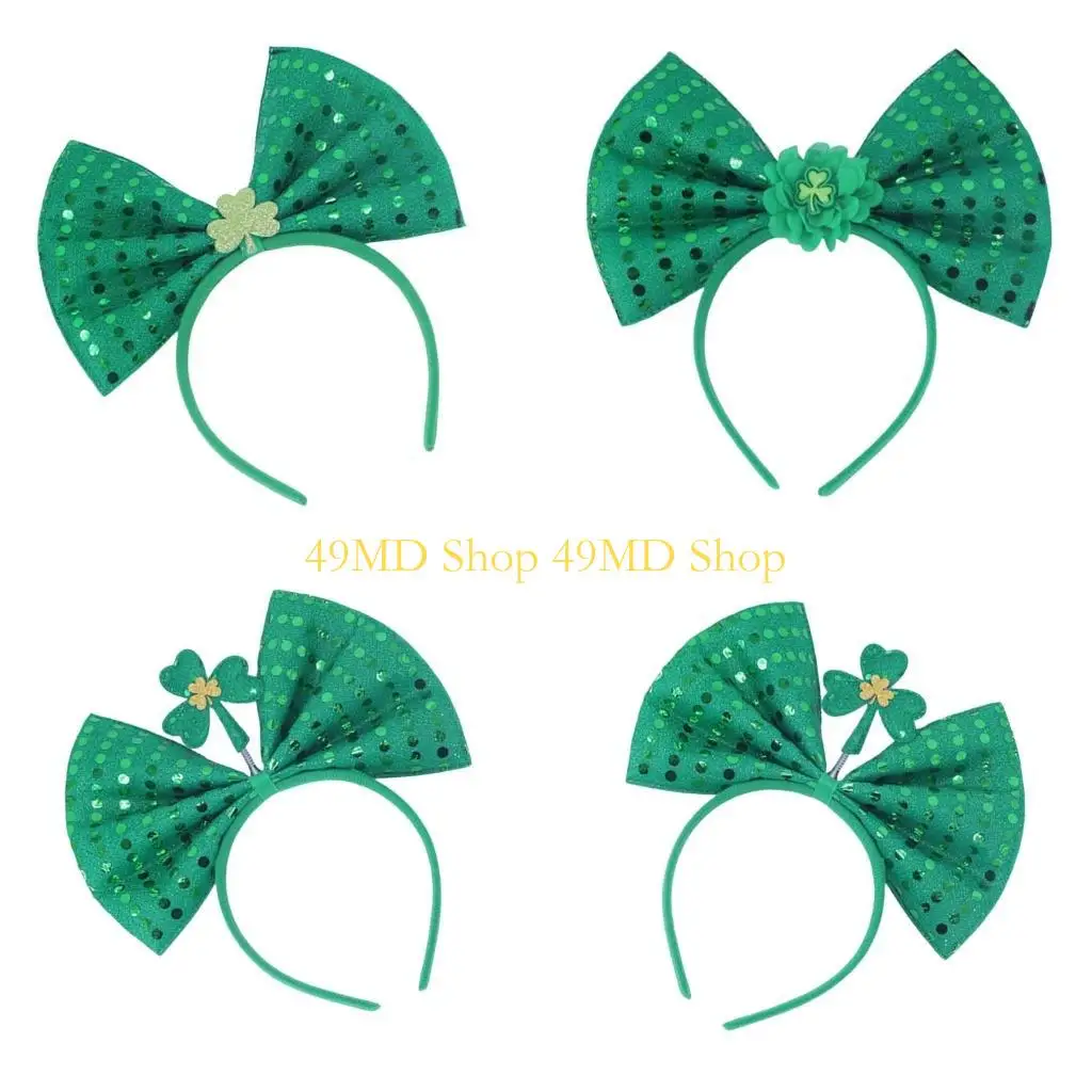 

49MD Irish Leprechaun Headband Blingbling Bowknot Glitter Headwear Bowknot Party Props Leprechaun Present Headband