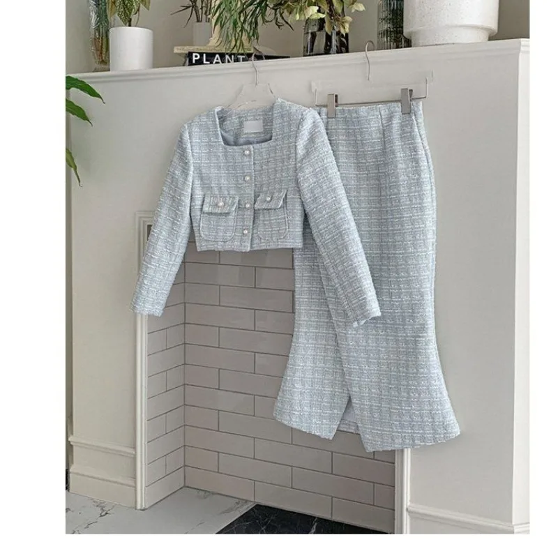 Xiaoxiangfeng Women\'s 2024 New Spring Autumn Fashion Elegant Long Sleeved Button Patchwork Pocket Coat Wrap Skirt Two Piece Set