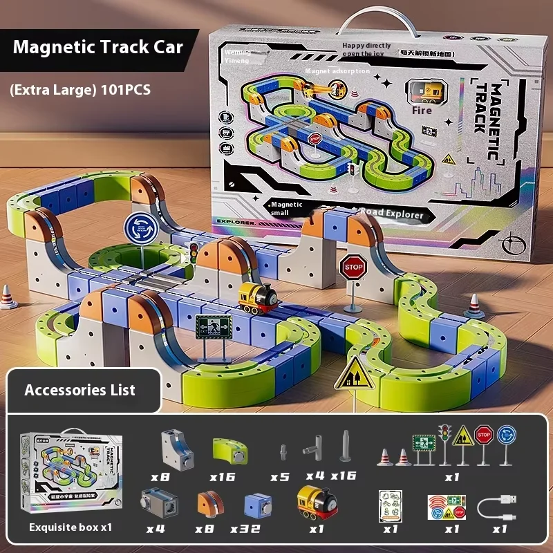 Explorer Magnetic Rail Track Racing Vehicle Set Motorized Gravity Slide Car Maze Building Block Diy Assembly Model Kits Toy Gift