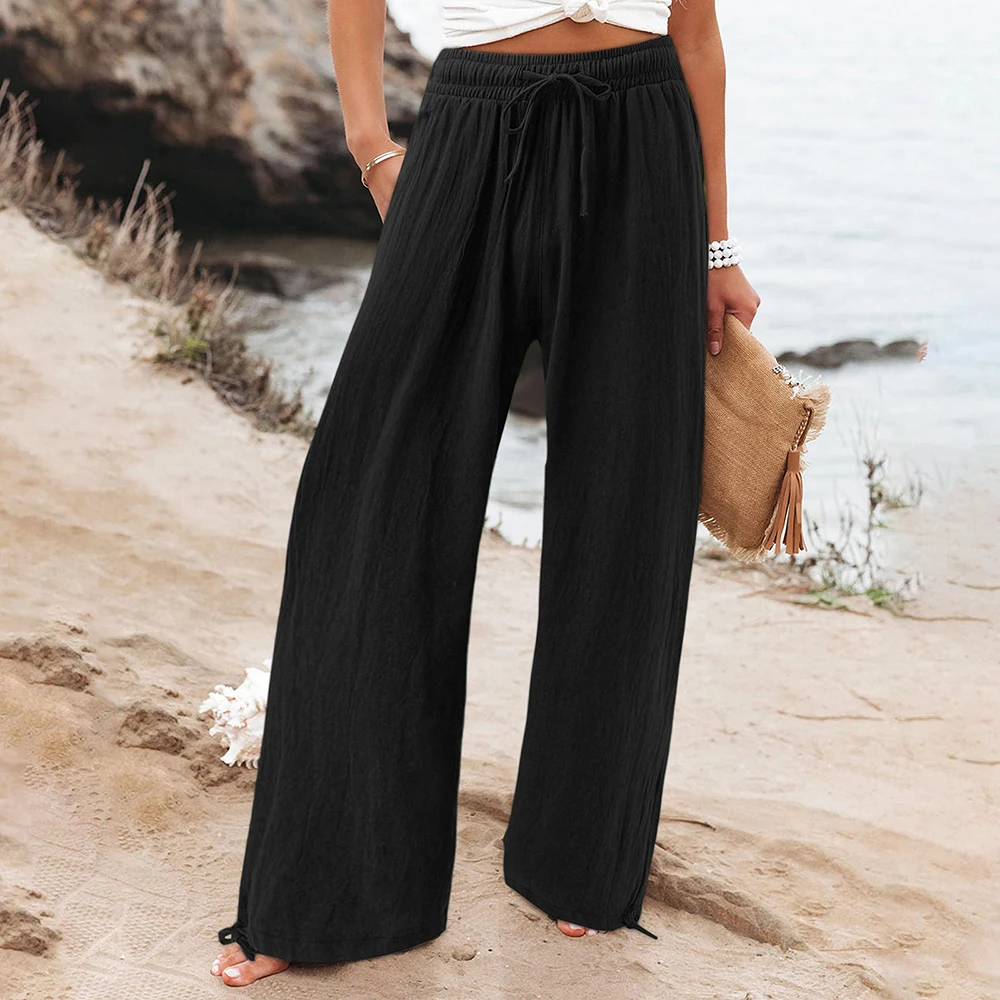 Plus Size Cotton Linen Women Pants 2023 High Waist Wide Leg Long Trousers Autumn Female Clothing Elegant Large Size Length Pants