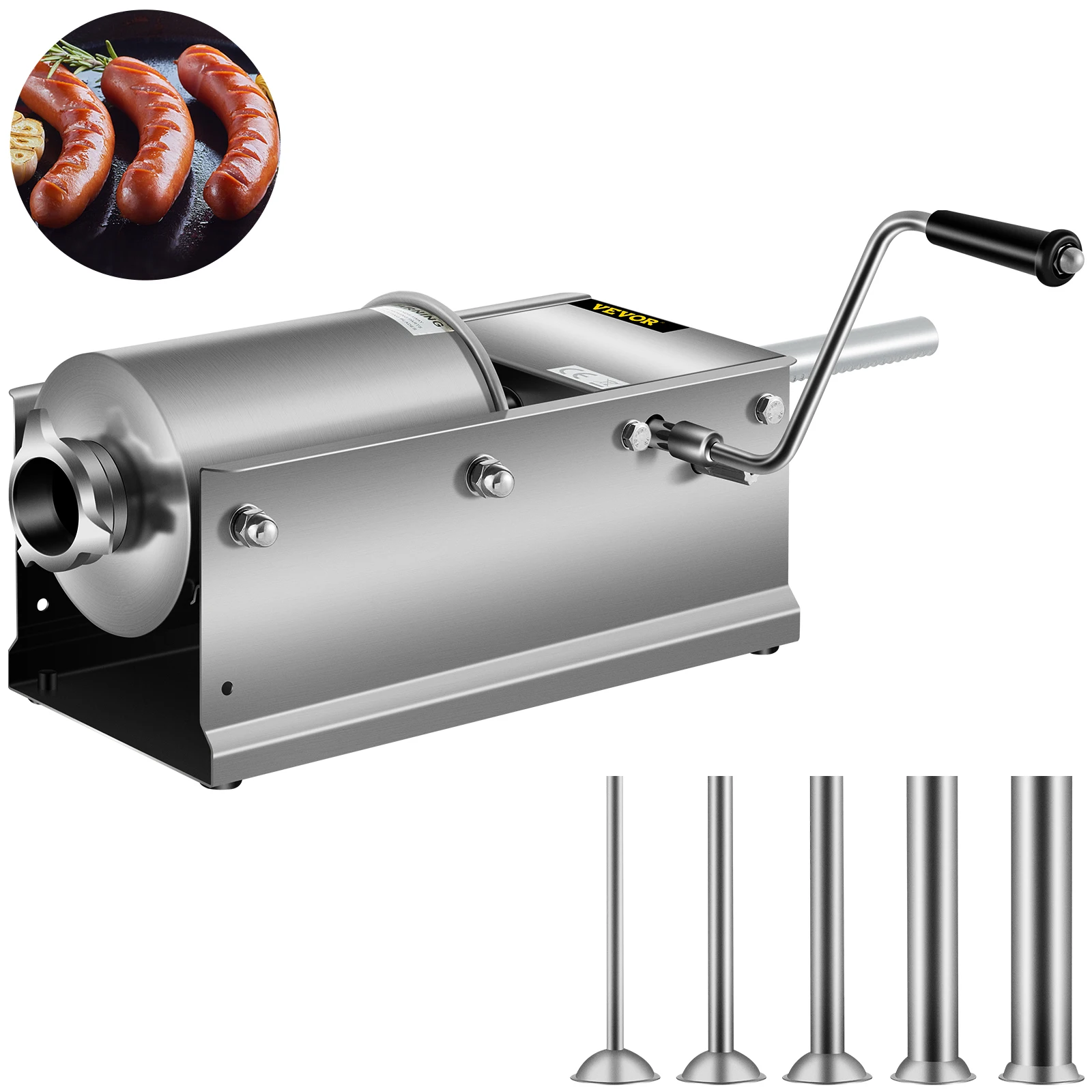 VEVOR 3L/ 7Lbs Horizontal Sausage Stuffer Manual Sausage Maker Stainless Steel With 5 Filling Nozzles For Home & Commercial Use