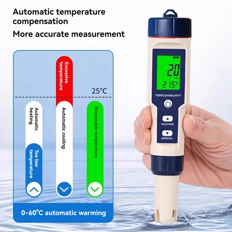 5 In 1 EC TDS Salinità Temperatura PH Meter Tester di qualità dell'acqua per bevande alimentari Contenuto di sale Acquario Acqua di mare ATC