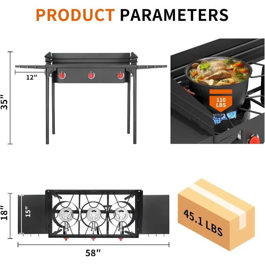 Tragbarer Propankocher mit 3 Brennern, Seitenregalen und Windplatte für Outdoor-Camping, Hinterhof und Picknick, mit 225.000