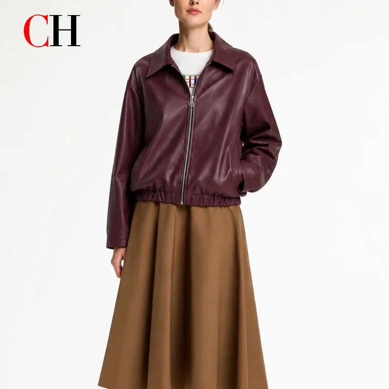 CH Women Burgundy Point Collar Zip Front Cropped Jacket Relax Hem Gathered Cuff Casual Street Daily Outerwear