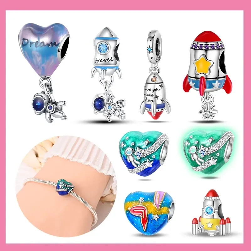 Cute Astronaut Space Rocket Series 925 Sterling Silver Beads Charms Pendants Fit Original Bracelet Necklace Diy Ornament Gift