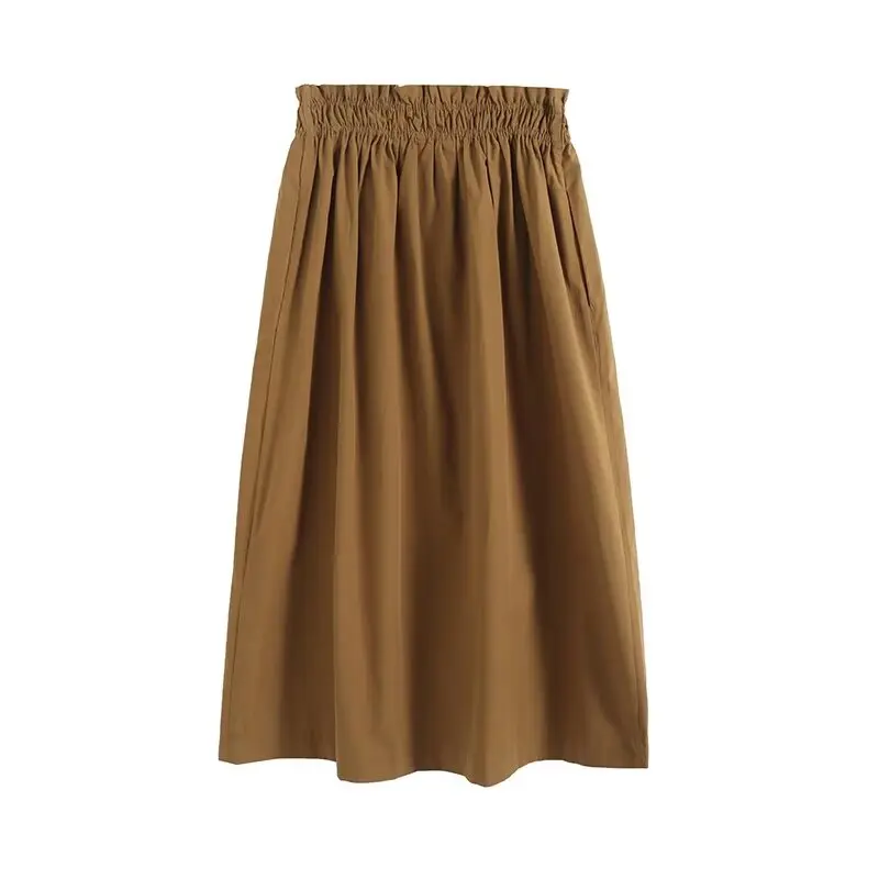 TRAF Minimalist Dark Khaki Elastic Waist Skirt Women High Waist Straight Office Ladies Faldas Mujer Moda 2024 Skirts Womens