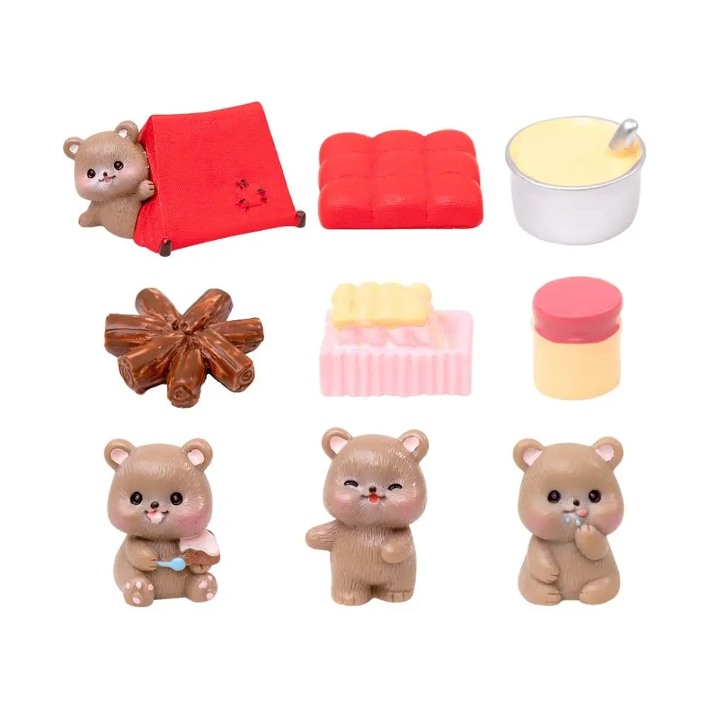 DIY Resin Camping Tiny Brown Bear Statue Crafts Toy Miniature Cartoon Bear Figurines Mini Animals Scene Model Home Decoration