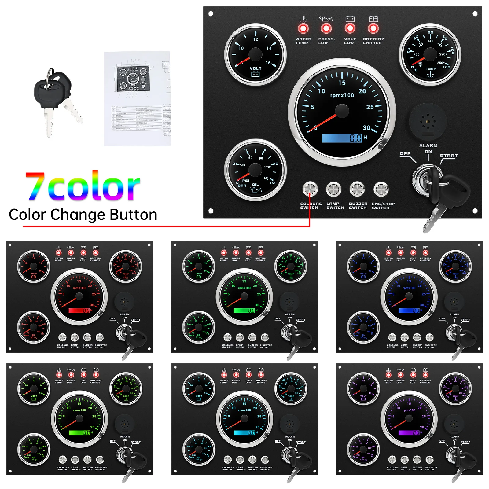 4 IN 1 Digital pointer Dash Instrument Panel 0-3000RPM Tachometer 8-16V voltmeter 0-10Bar Oil pressure 0-120℃ Water Temp gauge