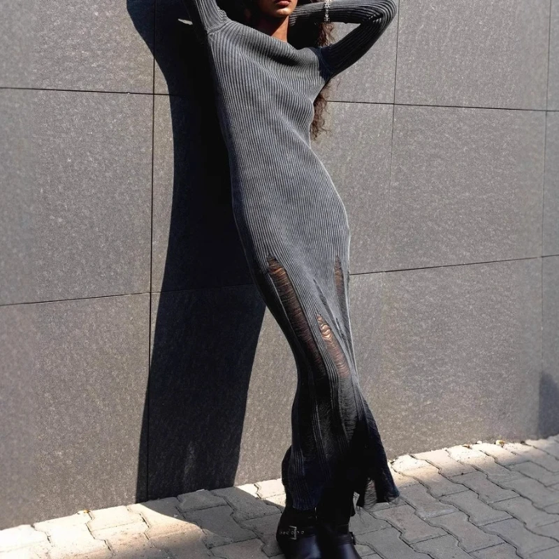 

Autumn and Winter New Niche Design Solid Color Dress Women's Washing Distressed Tattered Style Knitted A-line Long Skirt