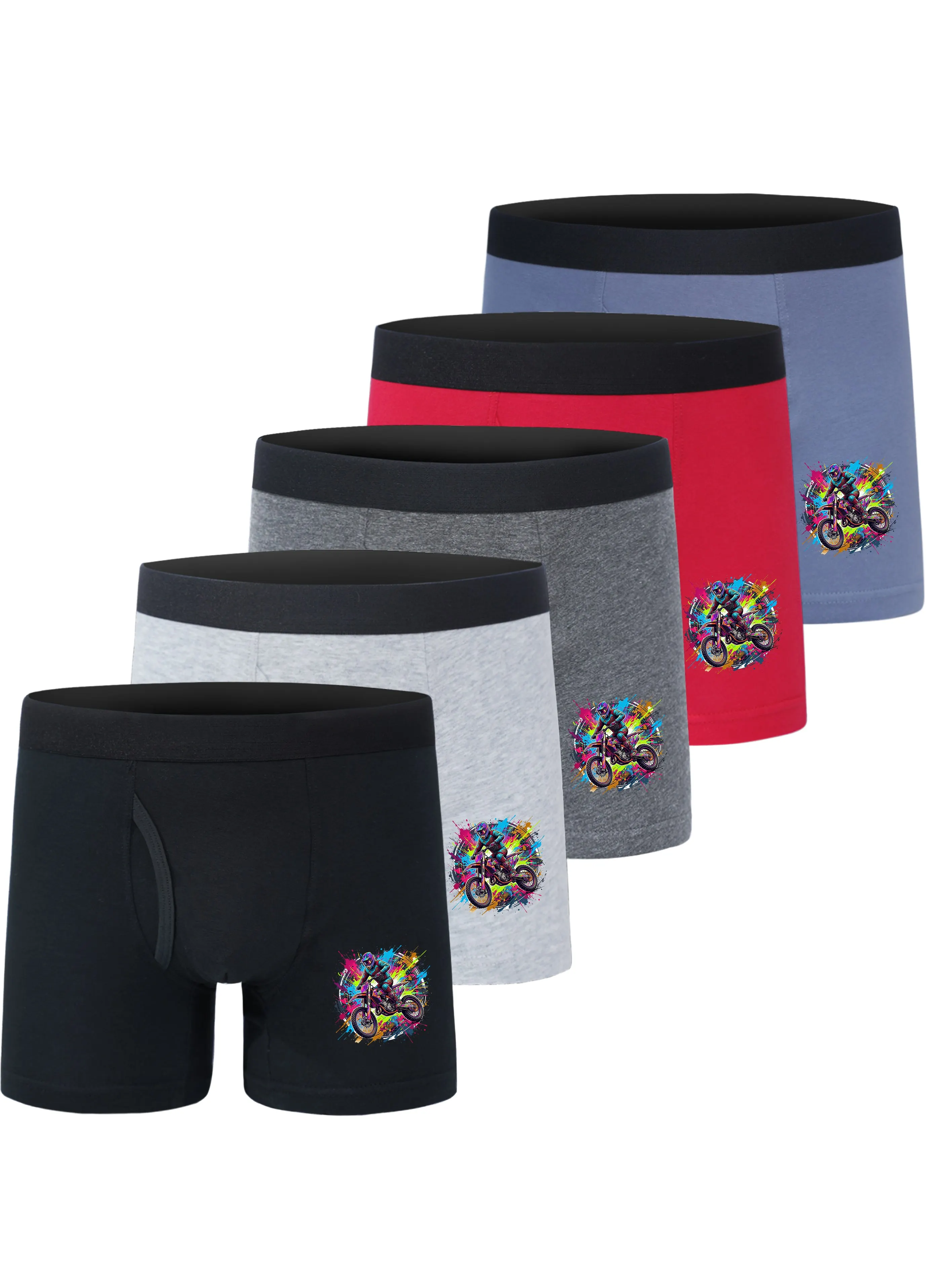 5pcs Boys Cotton Boxer Shorts Children's Underwear Comfortable Teen Off-Road Street Kids Graphic Motorbike Racer Design