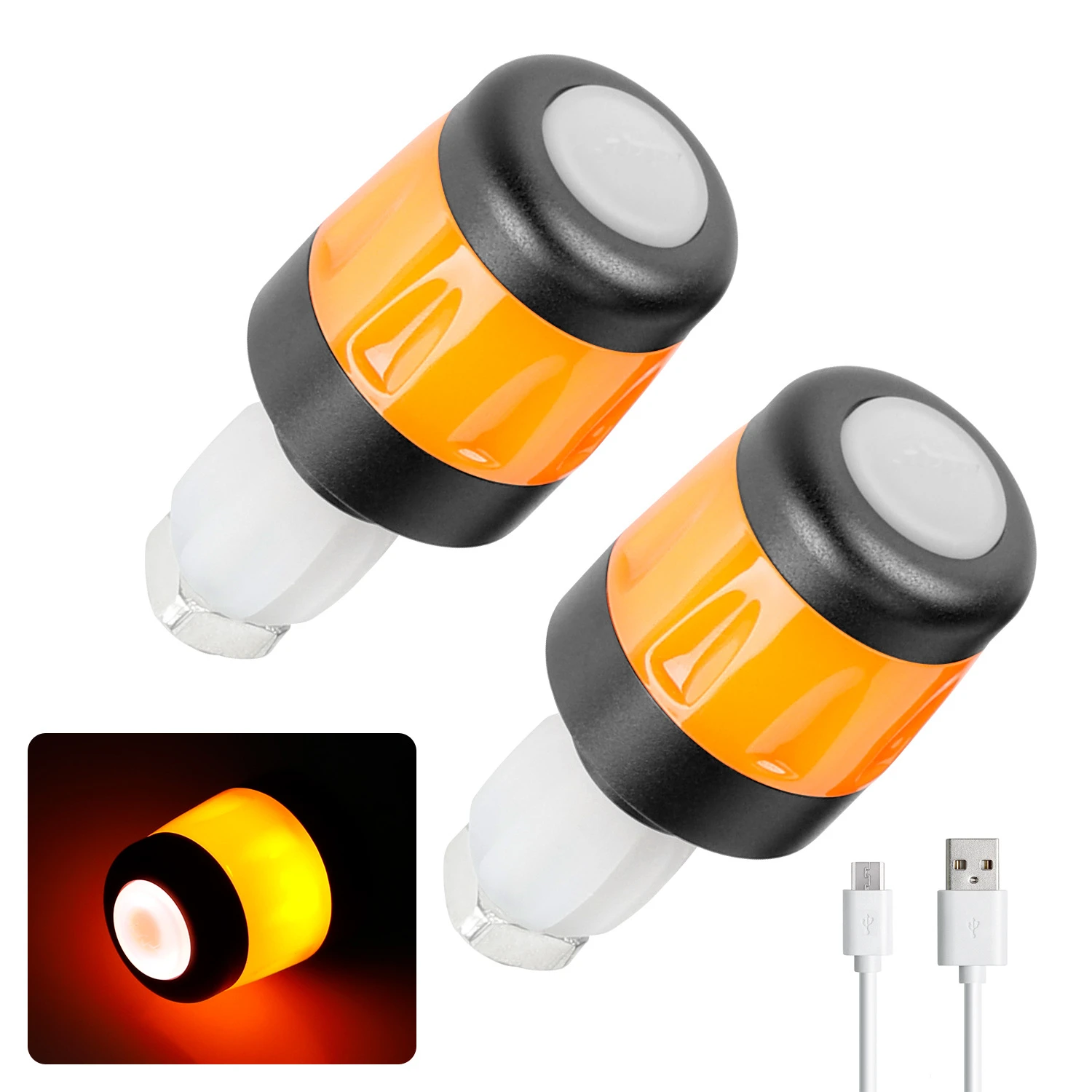 Image of 2 Stück Motorrad-LED-Lenkerlichter für E-Scooter, Mountainbikes, wiederaufladbar, wasserdicht, Blinker, Lenker-Endstopfen