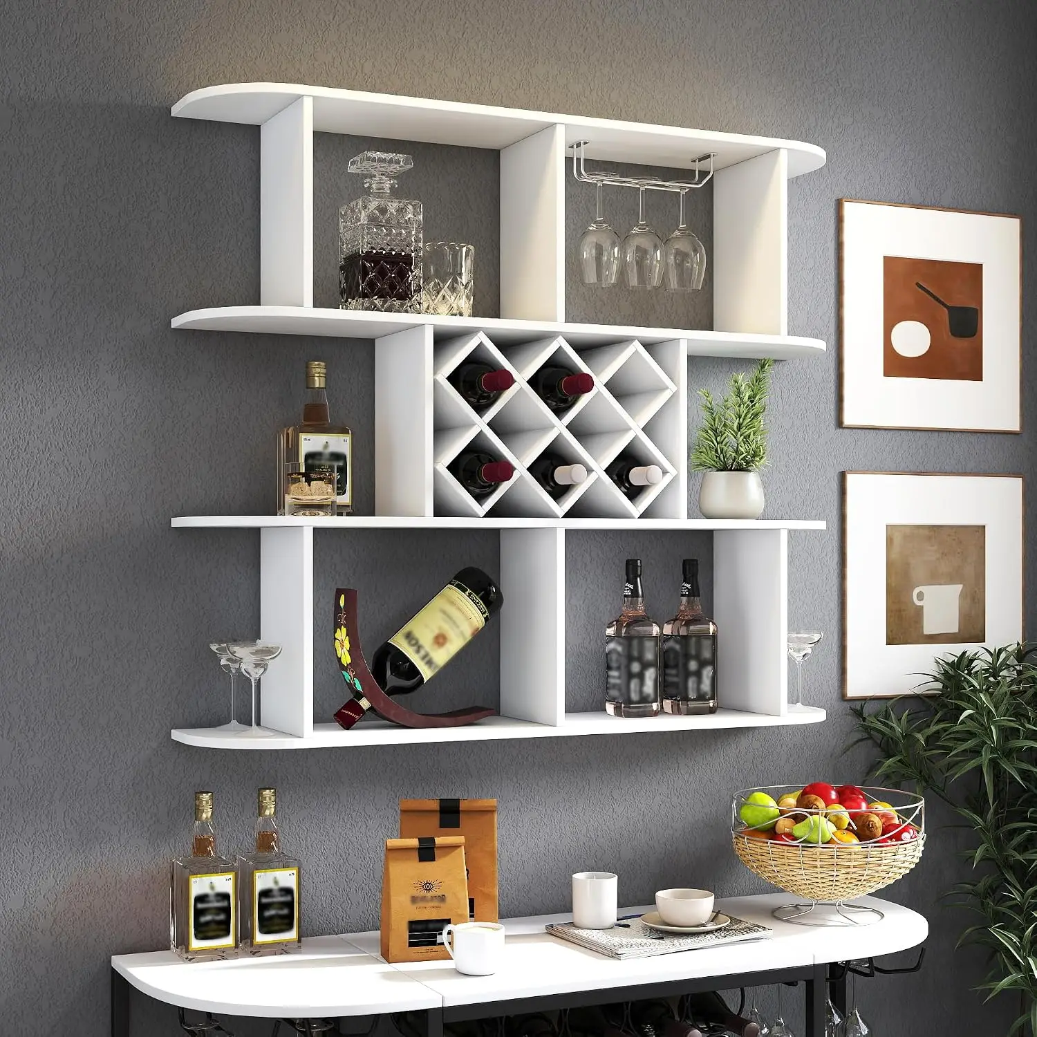 Wall Wine Rack with Glass Holder, 6 Bottle Cube Storage Shelf, Hanging Liquor Cabinet for Home Bar, Customized