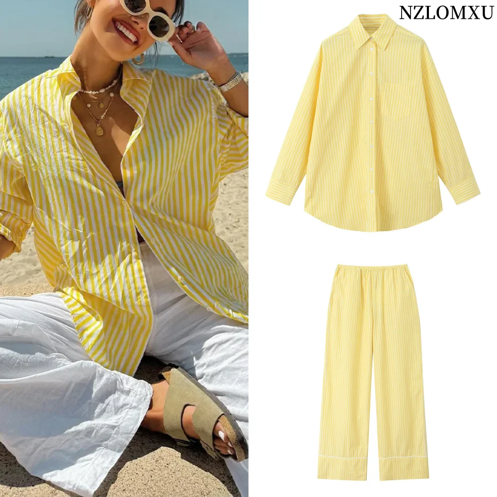 Elegant Women Casual Loose Yellow Striped Shirt Top Woman Lapel With Buttons Long Sleeves Blouses Summer Beach Style TRAF