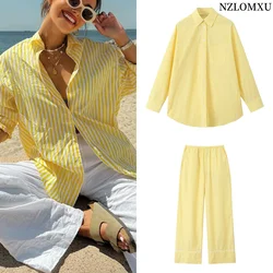 Elegant Women Casual Loose Yellow Striped Shirt Top Woman Lapel With Buttons Long Sleeves Blouses Summer Beach Style TRAF