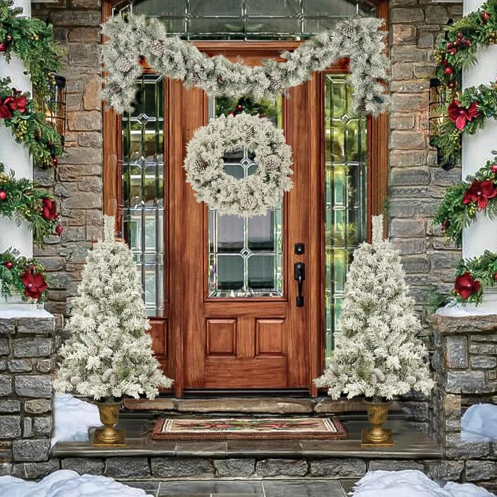 

4 Christmas Tree Wreaths, 2 4-foot Christmas Trees, and Berry Cones for Indoor and Outdoor Christmas Party Decorations