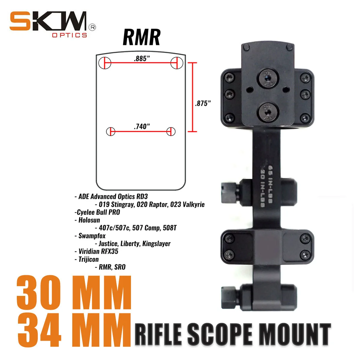 SKWoptics-Scope Mount Red Dot RMR Print Foot, Picatinny Rail, AR15, M4, 30mm, 34mm, view 6