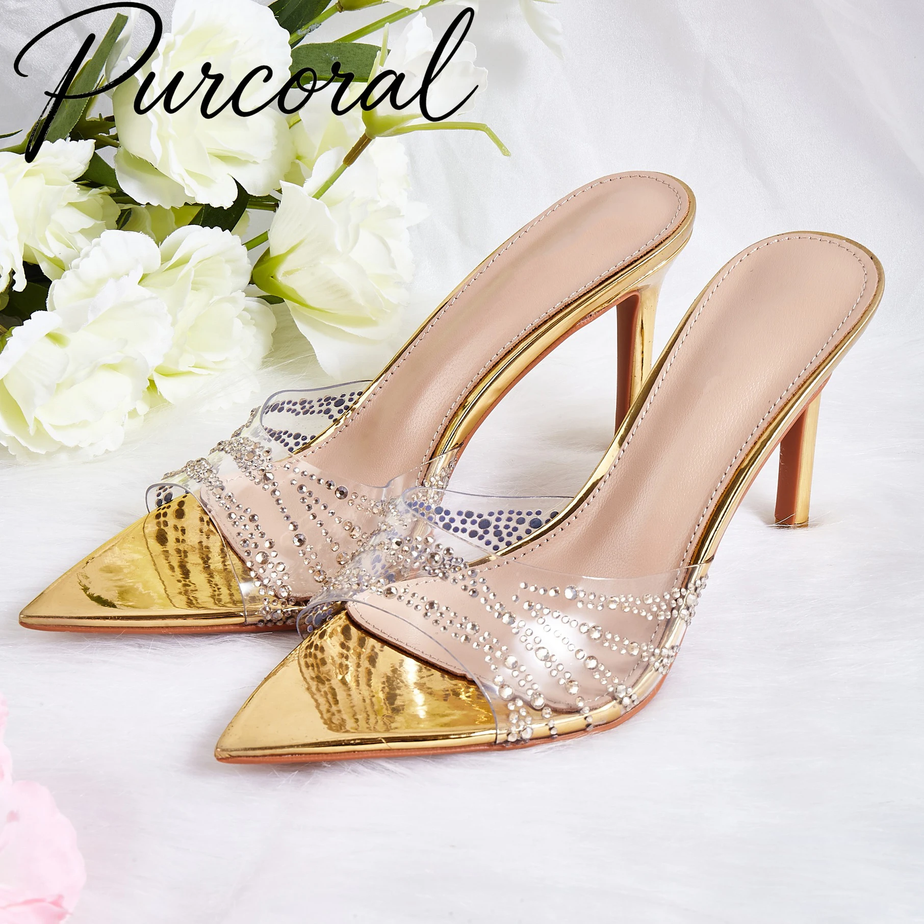 

2026 New Women Clear PVC Rhinestone High Heel Mules Gold Pointed Toe Stiletto Slip On Party Wedding Sandals Purcoral