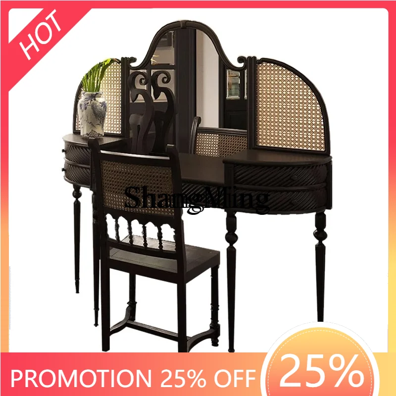 

ZYY exquisite premium mirror villa dressing table dressing table retro solid wood dresser carved country rattan with