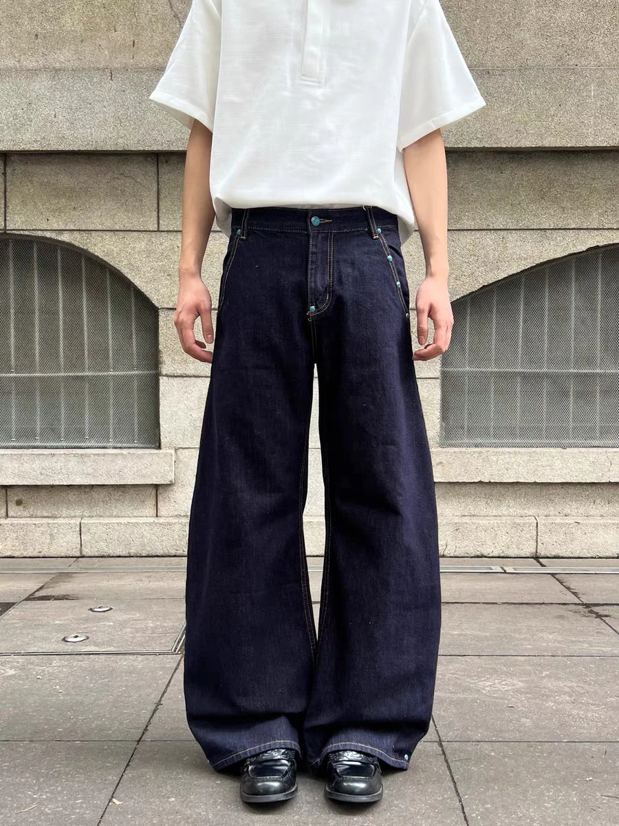 

Джинсы с американскими бирюзовыми заклепками в стиле ретро, мужские темно-синие трапециевидные прямые брюки с широкими штанинами, свободные длинные брюки