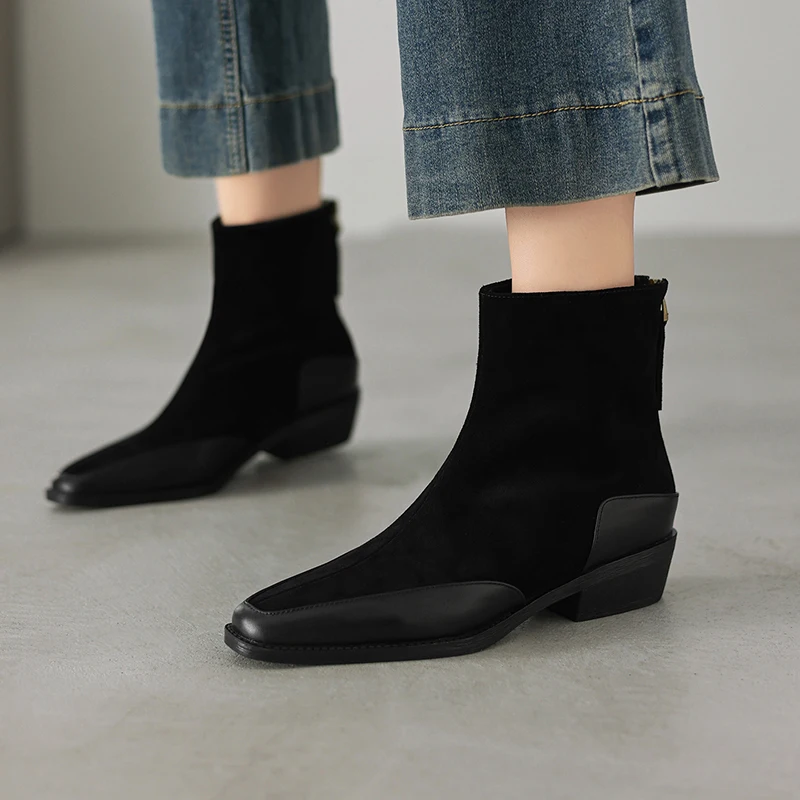 2026 new autumn winter women ankle boots plus size 22-26cm cow suede upper round toe thick heel back zip short boots fashion