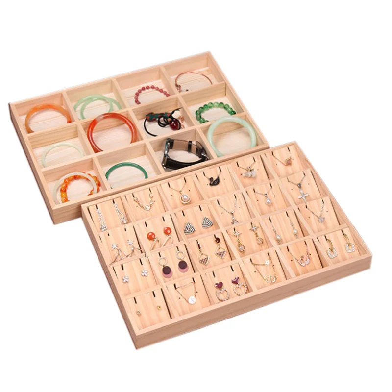 Newly Natural Wooden Jewelry 8/12/24/30Grids Tray Organizer Bangle Earrings Bracelets Choker Necklaces Pendants Storage Case