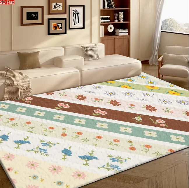 Multicolor Stripe Small Daisy Floral Carpet Flooring Sweet Retro Home Decor Area Rug for Interior
