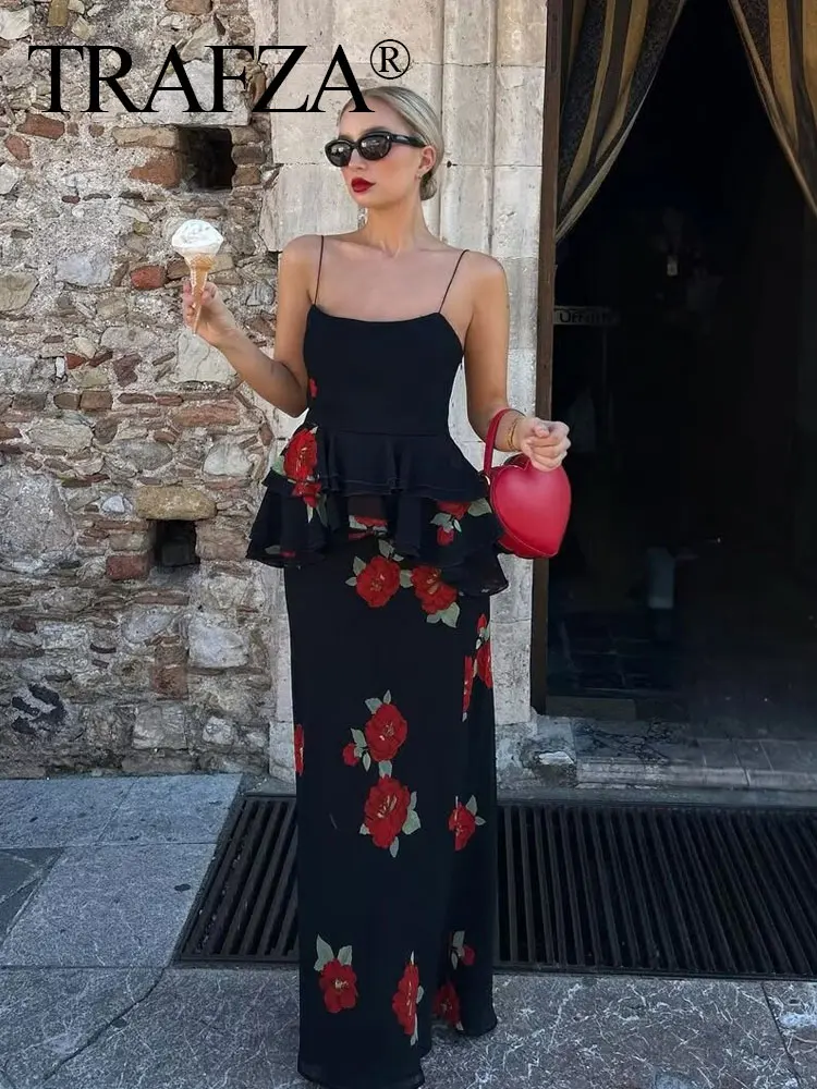 

TRAFZA Vintage Flower Print Suit For Women Sleeveless Layered Decorative Suspender Top+High Waist Midi Skirt High Street Set