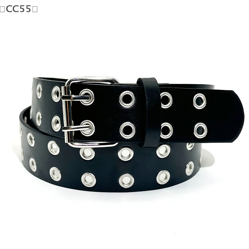 

王CC55 pratiqueHot Eye Rivet Belt Готический стиль Двойная пряжка для мужчин/женщин Модный повседневный пояс из искусственной кожи в стиле панк для джинсов