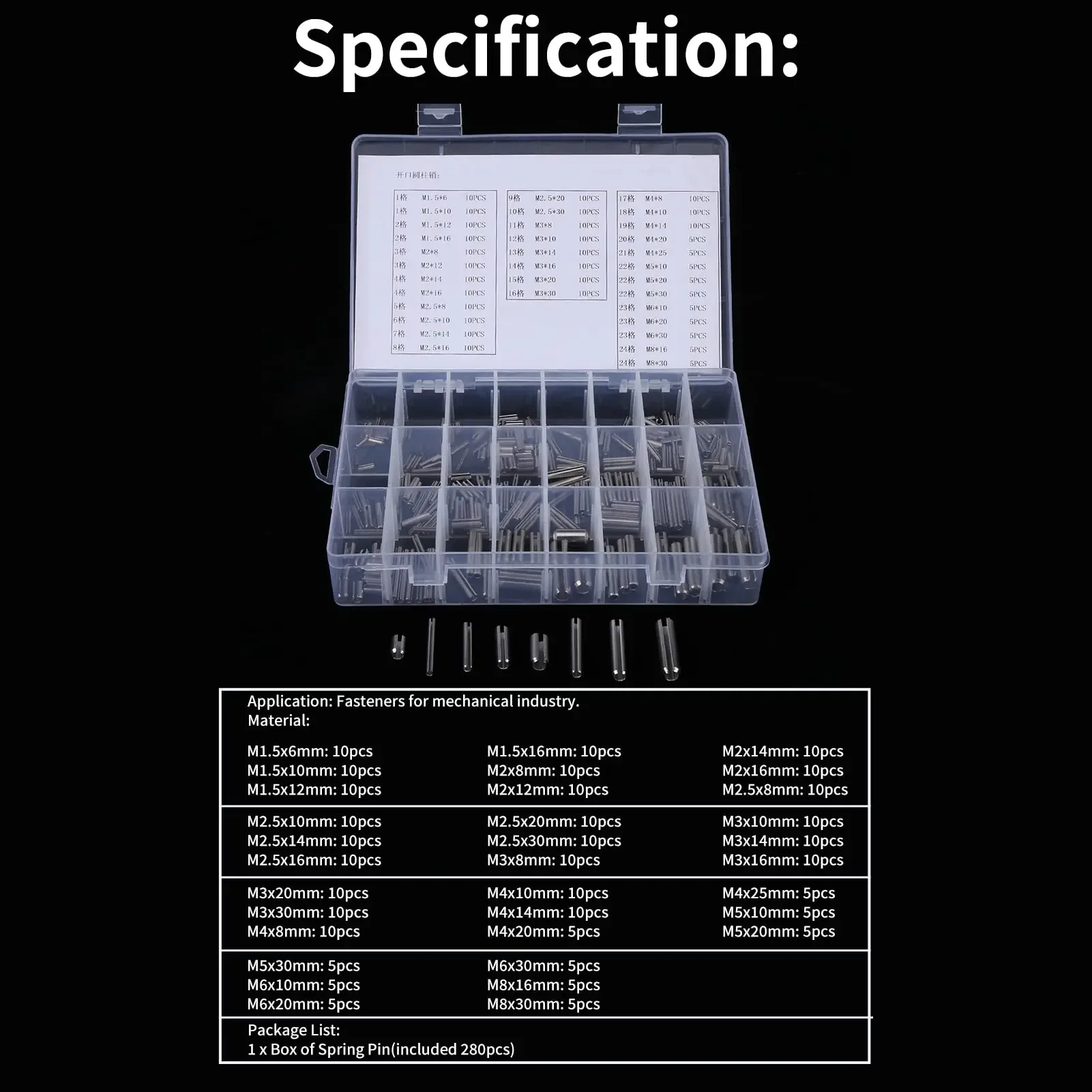 280Pcs Stainless Steel Roll Pin Assortment Kit Metric Slotted Spring Pins M1.5 To M8 Split Tension Pins for Machinery Repair