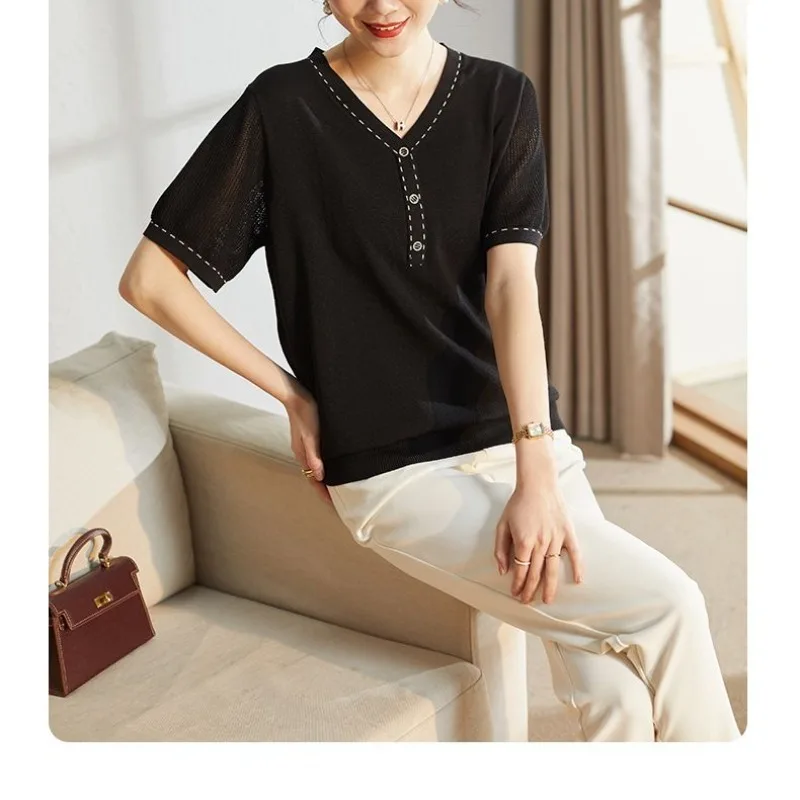 Solid Color V-Neck Button Pullover Sweater Knitted Short Sleeve T-shirt Fashion Casual Women's Clothing Spring Summer Tops