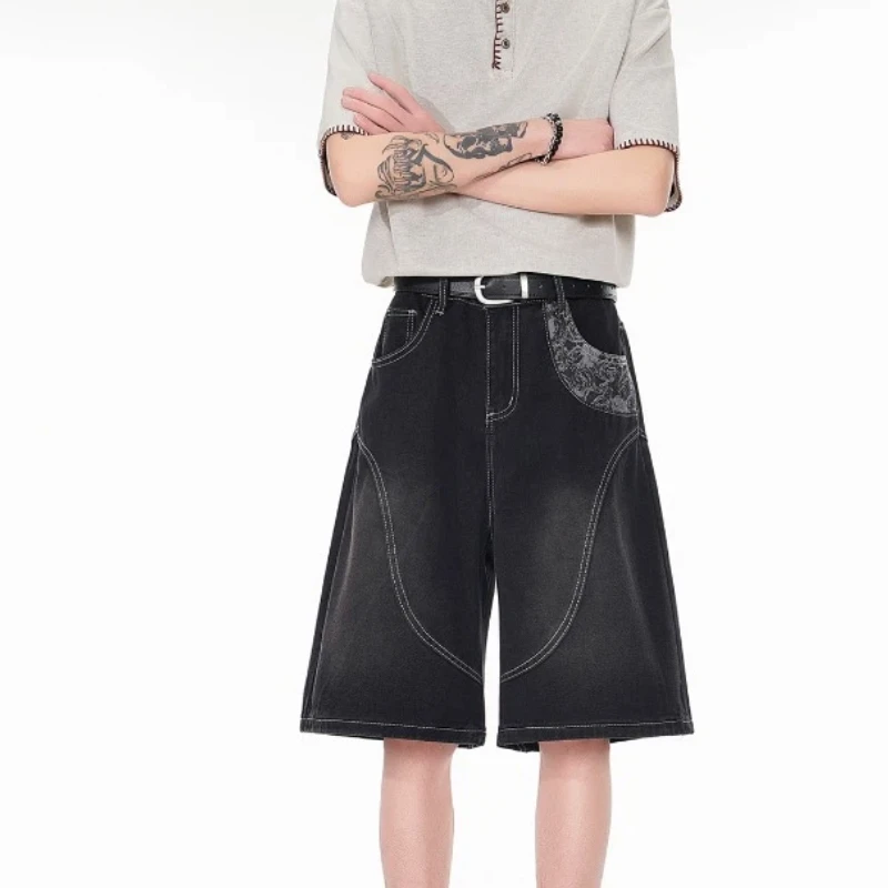 

Men American High Street Denim Shorts Paisley Patchwork Loose Wide Leg Casual Streetwear Summer Jorts Pants
