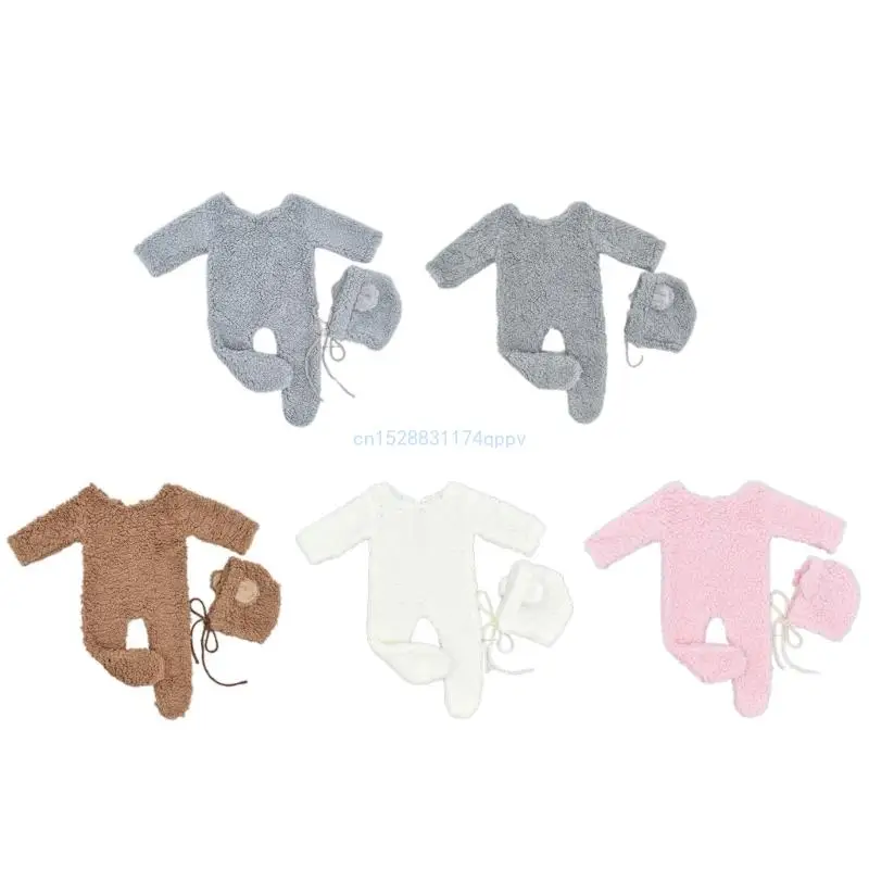 

Baby Photo Props Berber Fleece Bear Ear Hat & Jumpsuit Set Newborn Photo Props Infant Photography Outfit 2PCS Dropship