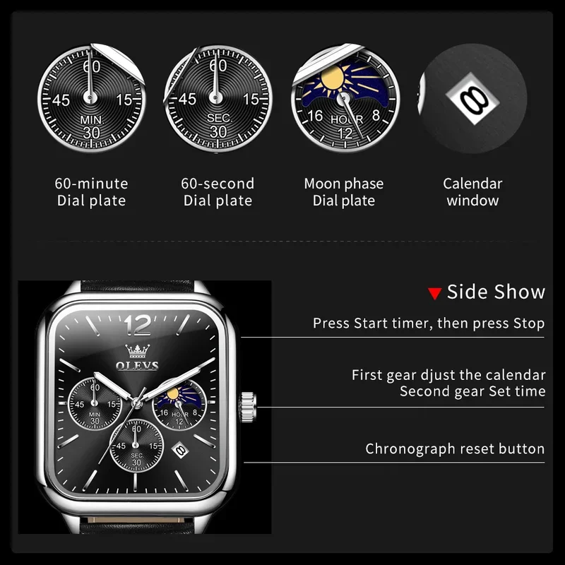 OLEVS 9914 New Luxury Man Watch Fashion Square Men's Wristwatch Chronograph Moon Phase Calendar Waterproof Quartz Watch Men