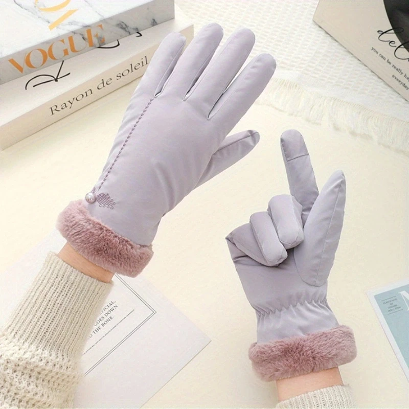 قفازات نسائية سميكة دافئة على الطراز الصيني لفصل الشتاء، متوافقة مع شاشة اللمس، مناسبة للخريف والشتاء، للطلاب، ركوب الدراجات في الهواء الطلق