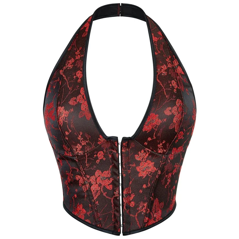 

Женские корсеты с лямкой на шее, укороченный топ, сексуальный готический бюстье с цветочным принтом, жилет, винтажный корсет, баскское нижнее белье в стиле бурлеск