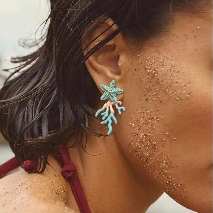 Pendientes colgantes de estrella de mar esmaltados para mujer, de moda, con coral azul, color dorado, para fiesta, regalo de joyería de verano