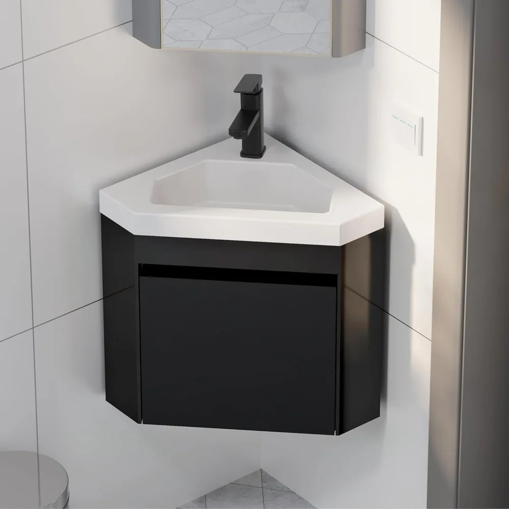 

22" Corner Bathroom Vanity Sink Combo for Small Space Wall Mounted Floating Cabinet with White Resin Sink and Matte Black