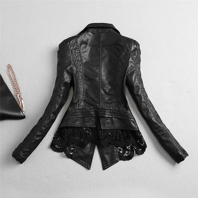 Lusumily Spring Leather Jacket Women Short Black Lace Pu Leather Coat Elegant New Ladies Autumn Motorcycle Female Outwear Jacket