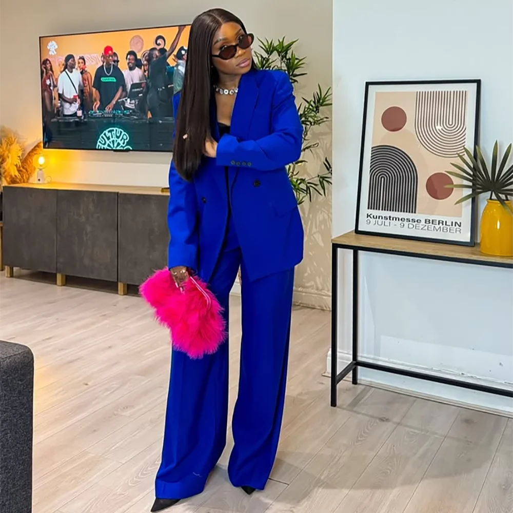 Royal Blue Double Breasted Women Suit Set Classic Fit Wide Leg Pants Formal Business Elegant Office Lady Two Piece Outfit Loose