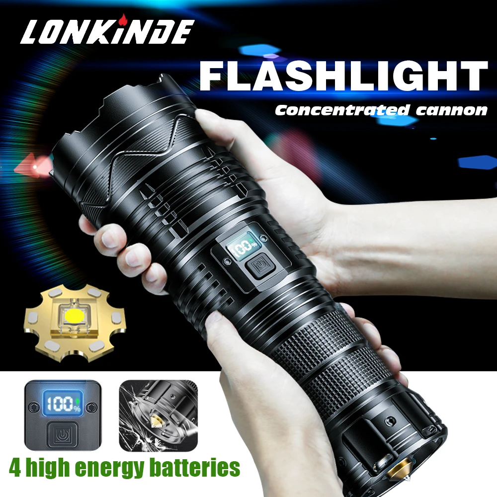 High Power 100W M77 LED Flashlight Super Bright Spotlight Long Range Zoomable Emergency Torch Outdoor Flashlight Power Display