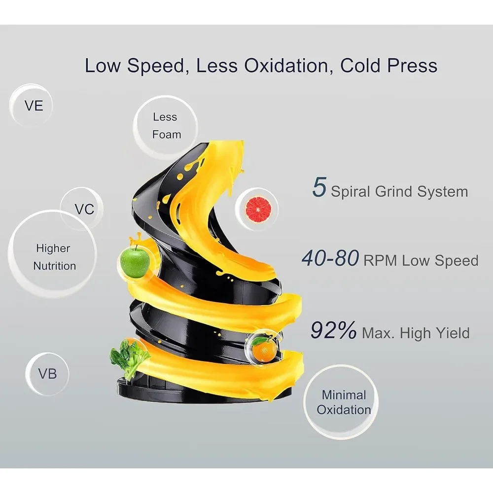 Exprimidor de prensa en frío, máquinas exprimidoras de masticulación lenta con 3 "grandes, máquinas exprimidoras eléctricas de nutrientes para verduras y frutas, sin BPA