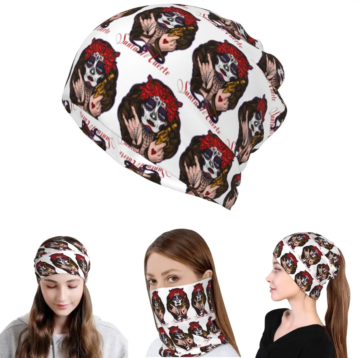Santa Muerte Saint Death Goth Mexican Muertos Skull Bandana Neck Cover Magic Scarf Face Mask Beanies Hat Unisex Adult Winter